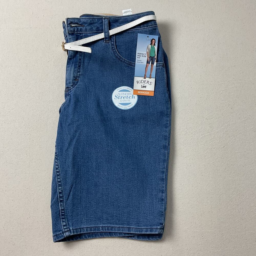 Riders By Lee Mid Rise Bermuda Womens 14M Blue Denim Bermuda Shorts White Belt